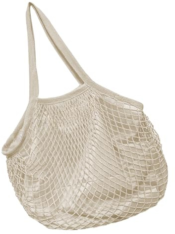 Livsmedelsväska i nät, shoppingväska i bomullsnät för kvinnor – töjbar produktorganisatör långt handtag återanvändbar axelväska med foder för shopping picknick, BEIgE, Refer to description