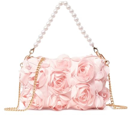 HuiYStar Clutch für Damen,Chiffon-Abendhandtasche mit 3D-Blumenmuster,Tasche mit Perlengriff oben für Hochzeit,Abschlussball,Party