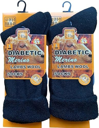 RUBAB Men's Diabetic Merino Wool Socks Multipack Extra Warm Thermal Sock 2.4 TOG Wool Blend, Hiking, Walking, Outdoor Winter 2 Pairs Sox (Black)