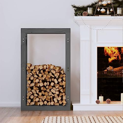 AJJHUUKI Accesorios para chimenea y estufa de leña, estante para leña y accesorios de transporte, estante de madera de fuego gris, 60 x 25 x 100 cm, madera maciza de pino