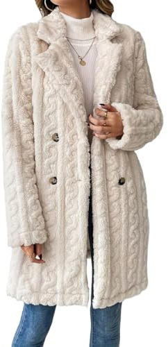 GUCURIN Femmes Manteaux en Peluche Long Patte Boutonnage Chaud Vêtements D’extérieur avec Poche Polaire Manteau Femme Hiver,Blanc,XL