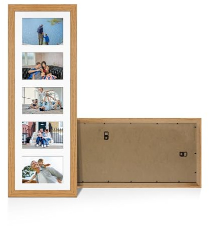Alison Kingsgate Oak 26x8 Photo frames for multiple pictures -5 Apertures Collage Frame with White Mount - Holds (5x) 6x4 Photos - Engineered Wood & Perspex