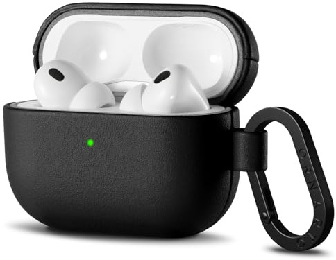 ORNARTO Läderfodral för AirPods Pro 3 (2025) - med karbinhake, stötskydd och mjuk beröring | synlig LED | demonteringsverktyg ingår - svart