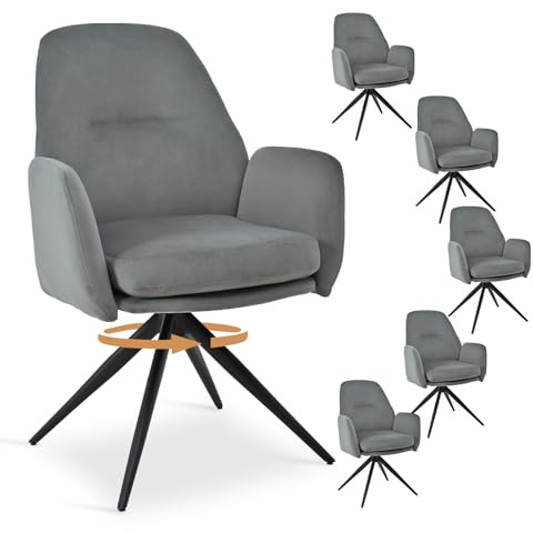 Bon Furni drehstuhl Esszimmer 6er Set mit Armlehne, 360° Drehbar Polsterstuhl aus Samt, Drehstuhl Esszimmer mit Hoher Rückenlehne und Metallbeine für Esszimmer, Küche, Büro, Hellgrau