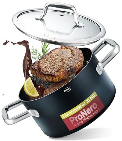 RÖSLE EBONIC Kochtopf 16 cm mit Deckel, kleiner Topf PFAS-frei Induktion | ProNero Keramik Antihaftbeschichtung, PFAS-frei, backofenfest bis 260 °C, ideal für Beilagen und Suppen