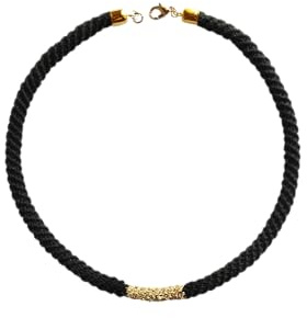 Generico Collana all'uncinetto nera con dettaglio dorato – Gioiello artigianale, collana minimalista in fibra tessile, regalo elegante fatto a mano