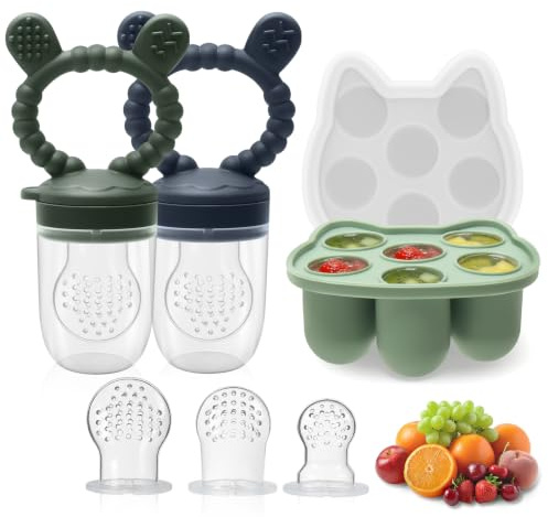 MR.TIMELAG Fruchtsauger Baby, 2 Stück Silikon Obstschnuller(mit Eiswürfelform) | Muttermilch-Eiswürfelform zum Abkühlen des Babys, BPA-freies Silikon, für Obst, Gemüse & Babynahrung Beißring