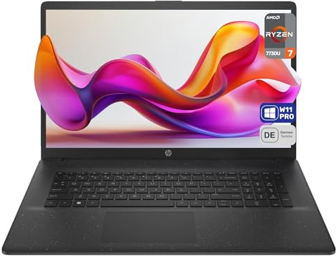 HP 17 Business Laptop, AMD Ryzen 7 7730U, 32 GB DDR4 RAM, 2 TB PCIe SSD, 17.3 FHD (1920x1080) Display, AMD Radeon-Grafikeinheit, QWERTZ Tastatur, Windows 11 Pro, Jet Black