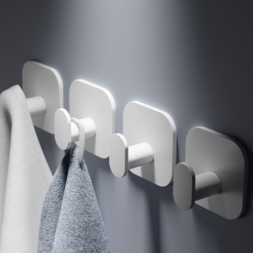 Aikzik Handtuchhalter ohne Bohren, 4er Set, Badezimmer Handtuchhalter aus Edelstahl, Klebehaken extra stark, Selbstklebend Haken für Bad und Küche, Weiß