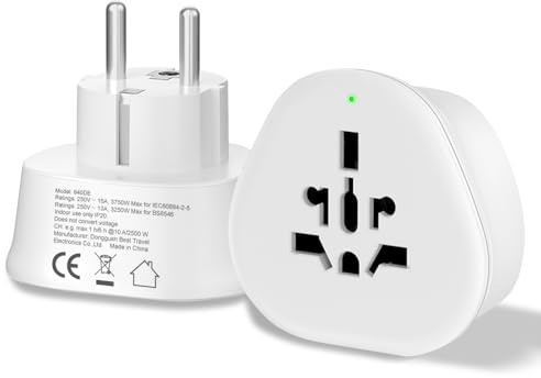 2 Pack EU Plug Travel Adapter, UK/US/Canada/Swiss/Brazil/AU/China to Europe Schuko Pin Converter, Worldwide Socket to Germany/French Plug Converter, Type B/J/I/L/N/G Convert to Type E/F Plug (840DE)