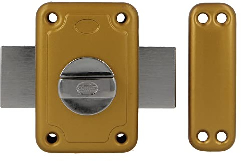 Amig - Serratura da sovrapporre con leva di chiusura e stampella interna per porte in legno mod. 80-96 x 66 mm - Chiusura con cilindro rotondo di sicurezza - Acciaio smaltato oro
