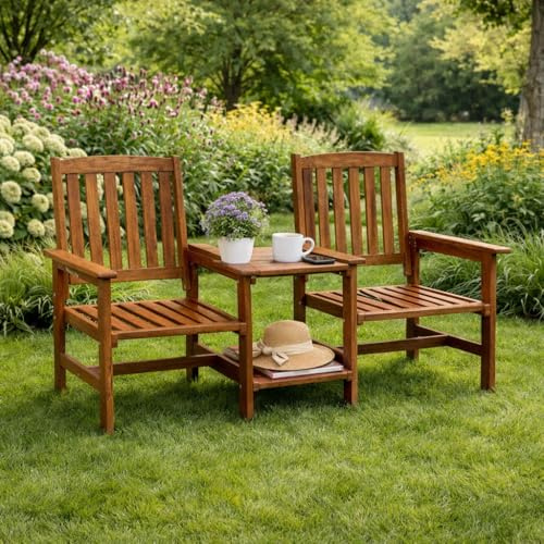 Garden Mile Jack and Jill Bench with Central Table - 2 Seater Wooden Garden Furniture, Solid Acacia Hardwood, Weather Resistant Outdoor Seating, Durable Patio Wooden Bench for Outdoors & Deck