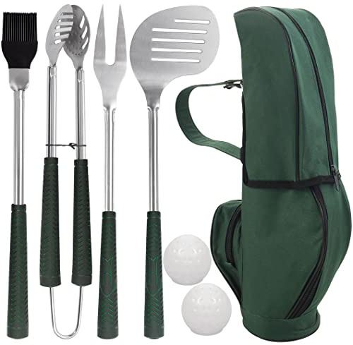 POLIGO 7PCS Golf-Club Style BBQ Tool Set Grilling Tools with Rubber Handle - Stainless Steel Grill Accessories for Outdoor Grill Set Premium Grill Utensils Set Fathers Day Birthday Gifts for Men Green