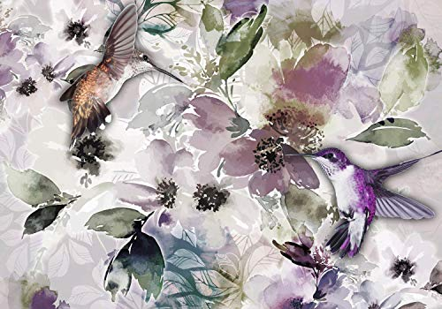 decomonkey Fototapete selbstklebend Blumen Vogel 98x70 cm XL Selbstklebende Tapeten Wand Fototapeten Tapete Wandtapete klebend Klebefolie Kolibri Abstrakt violett