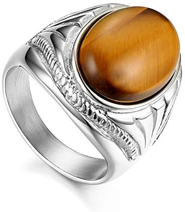 Flongo Herrenring Männer Ringe Siegelring Bandring, Edelstahl Biker Siegel Ring Tigerauge Braun Silber Ton Hochzeit Verlobung Engagement Daumenring Biker Herren Schmuck Herren-Accessoires