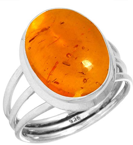 Jeweloporium Bague en argent sterling 925 avec ambre orange, taille 53, pour femme, bijou artisanal en grosses pierres précieuses ovales