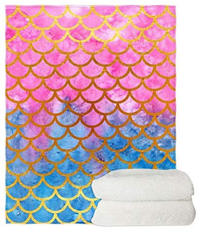 chaqlin Rosa & Blau Meerjungfrauen-Schuppen-Überwurfdecke, langlebig, weich, für Büro, Sofa, Bettwäsche, Couch, Kinder, bequeme Fleece-Decken, Reise, Camping, Autodecke, 140 x 180 cm