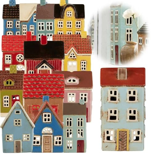 LS-LebenStil Teelichthaus Lichthaus 27cm Türkis Braun Keramik Fachwerkhaus Nyhavn Teelichthalter Windlichthalter Kerzenständer Teelichtständer Windlicht für Teelichter Lichterhaus Fachwerkhaus