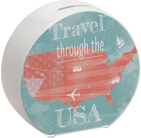 Spardose mit USA Karte und Spruch - travel Through USA als Geschenk für Urlauber die durch USA Reisen wollen und Geld für den Flug und die Unterkunft brauchen