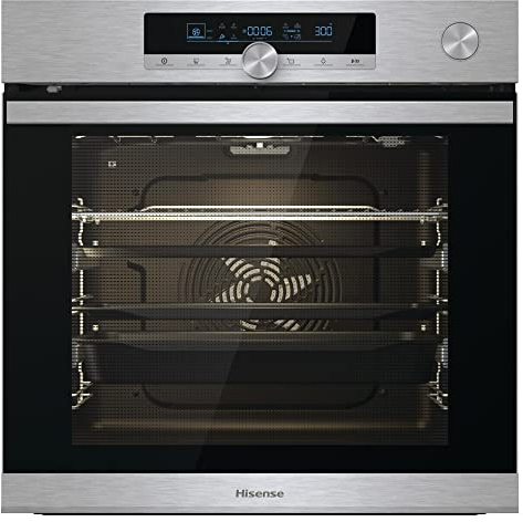 Hisense BSA66334PX Horno Pirolítico con Vapor 100% + Función Freidora de Aire sin Aceite, Gran Capacidad 77L,Cocción Simultanea 5 Niveles, ventilador XXL, Pizza mode 300º, Puertas removibles Inox