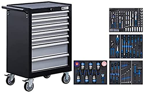 BGS 6069 | Werkstattwagen bestückt | 7 Schubladen | 227 Werkzeuge | Steckschlüssel-Satz | Schraubendreher | Maul-Ringschlüssel | Zangen | Hammer | Tragfähigkeit max. 200 kg | Zentralschloss