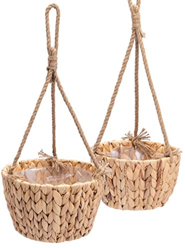 Decorasian Blumenampel hängend - Blumentopf, geflochten aus Wasserhyazinthe - Ampel mit Juteseil - Blumenhänger - 2er Set 26cm + 22cm