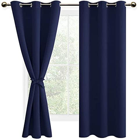 DWCN Navy Blue Blackout Curtains with Tiebacks for Bedroom Thermal Insulated Solid Eyelet Curtains for Living Room,2 Panels,46 Wide x 72 Drop