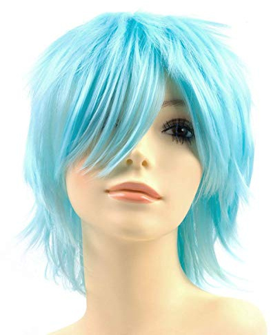 Cosplay Anime Wigs Aqua Blau Perücke mit Pony für Fasching Damen Herren | Geschichtete Kurze Haare Perücken für Cosplay Party Halloween Karneval Frauen, Hitzebeständiges Synthetikhaar Kunsthaar