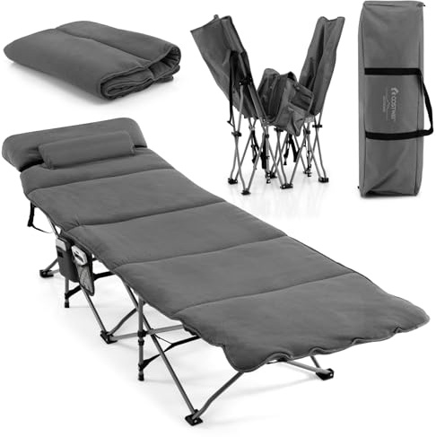 COSTWAY Feldbett Klappbar, Campingbett mit Matratze, Kissen und Seitentasche, tragbares Campingliege bis 200 kg belastbar, inkl. Tragetasche, Klappbett für Camping, Strand, Grau