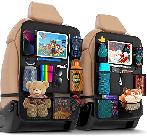 ACELIFE Car Organiser,Car Seat Organiser for Kids 2pcs, BackSeat Protector with 10 iPad Tablet Holder,Car Tidy Organiser With Kick Mat & 9 Pockets for bottles,toys,books,Car Accessories for Toddlers
