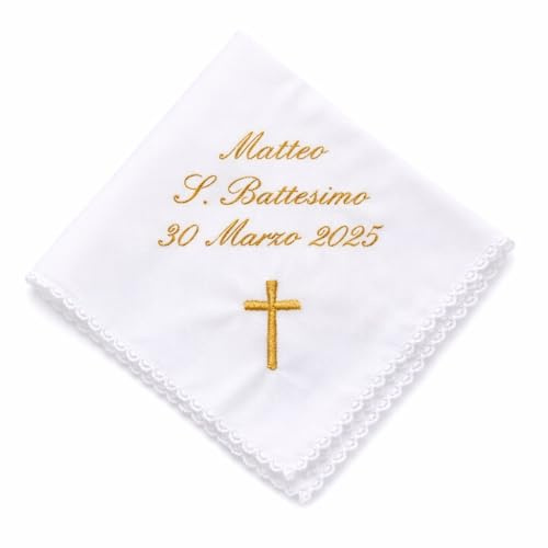 Coccole - Fazzoletto Battesimo Personalizzato 35x35 cm con Nome e Data - Fazzoletto Battesimo per Cerimonia in Tessuto Piquet - Regalo Battesimo Ideale Made in Italy