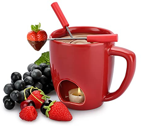 TOLIDA Fondue Queso-Cerámica Rojo 230ML Tazas para Fondue Personal con 2 Tenedores Jarra de Fuego de Doble Apertura para Chocolate Mantequilla Queso