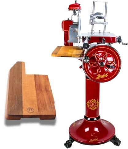 Berkel Aufschnittmaschine Volano B3 rot – Wunderschöne Schwungradmaschine mit Standfuß & 100% handgefertigtem Schneidebrett