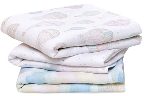 aden + anais Boutique Musy Squares, 100% mussola di cotone biologico, borsa per pannolini leggera e traspirante, essenziale, confezione da 3, sopra le nuvole