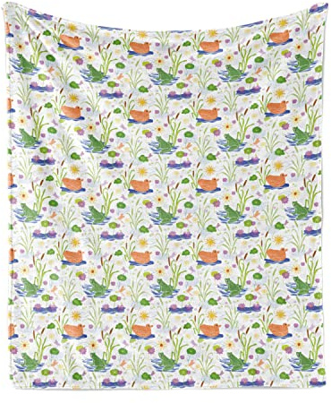 Ambesonne Spring Throw Blanket, Bulrushes Pond Water Duck Frog Cartoon Illustration on Plain Back, Flannel Fleece Accent Piece Soft Couch Cover for Adults, 50 x 60, Peacock Green and Dark Peach