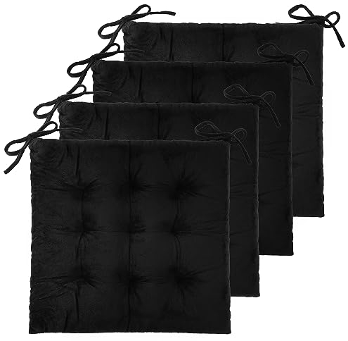 FlyGulls 4 Pack Chair Cushions for Dining Office Kitchen Chairs 19 x 19 Chair Pads and Cushion Comfort Seat Cushion with Ties (48x48cm Black Velvet)