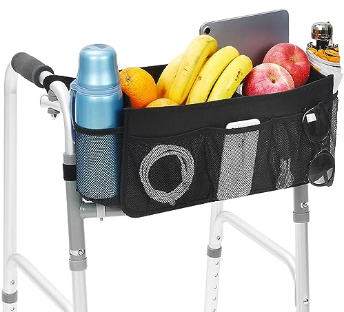 Upgrade Walker Basket with Cup Holder, Foldable Walker Storage Bag for Seniors with Big Capacity & Never Tipping Over, Best Gift for Family