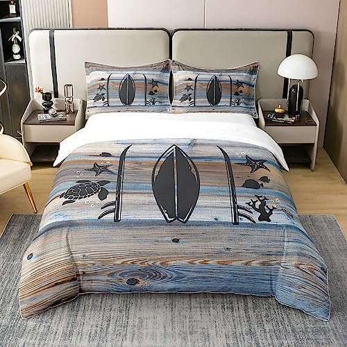 100% Natürliche Baumwolle Nautische Bettbezug 155x220,Tropische Küste Seesterne Schildkröte Fisch Bettwäsche Set,See Surfbrett Tröster Abdeckung,Rustikale Holz Scheune Bett Sets mit 1 Kissenbezug