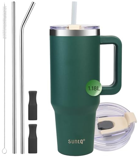 SUNTQ 40oz Tumbler with Handle, Double Walled Insulated Coffee Cup with Leak-Proof Lid and Straw, Stainless Steel Travel Mug for Hot or Cold Drinks(Forest Green)