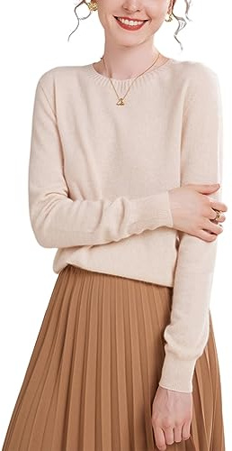 DISSA Damen Kaschmir Pullover Elfenbein Rundhals Langarm Strickpullover Damen Kaschmir Wolle Einfarbige Relaxed Dünner Pullover,38,YZL2302