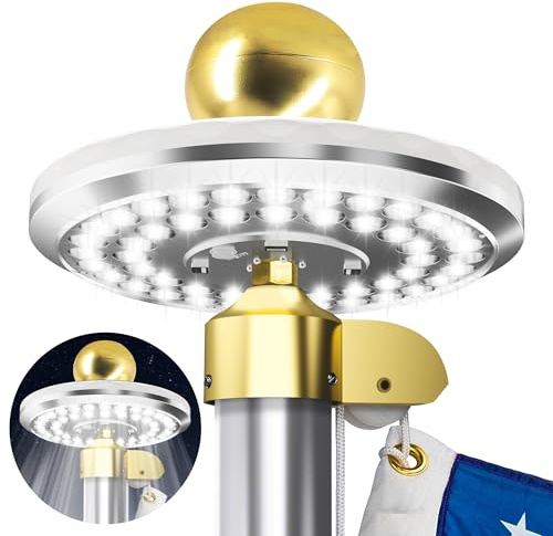 HOOPLE Solar Flagpole Light, 48 LED, 2 Modes, Dusk-to-Dawn Auto On/Off, IP65 Waterproof, Fits 15–25 ft, 1/2″ Topper, Super Bright
