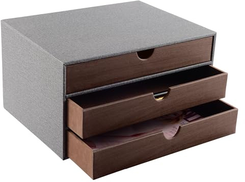 XNONE Home Office Desktop skrivbordslåda med 3 stängda A4-fack, smyckeskrin i PU-läder för smycken, kosmetisk arrangör, U-formad öppning, handsydda sömmar (grå)