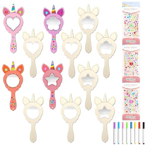 ARONRAVE 12 Stück Einhorn Spiegel, Einhorn Basteln Holz Bastelset Mit Aquarellpinseln Kindergeburtstag Basteln Geeignet für DIY Kindermalerei für Einhorn Kindergeburtstag