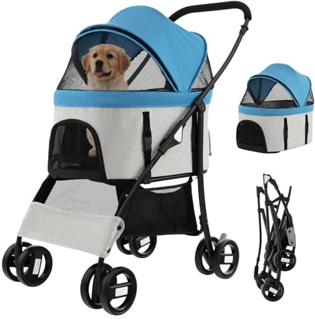 COSTWAY 3 in 1 Pet Stroller, Folding Dog Strollers with Detachable Car Seat Carrier, Adjustable Canopy, Storage Basket, 4 Wheels Travel Pushchair for Small Medium Dogs Cats (Blue+Grey)