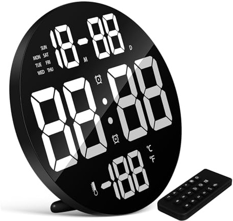 Amosfun Reloj LED Digital Redondo Negro con Control Remoto y Soporte Desmontable para Dormitorio, Reloj de Pared Mesa con Función Dual y Material Plástico