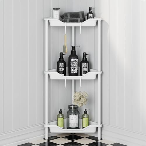 Oriware Porta Sapone per Doccia da Terra, Mensola Doccia Senza Foratura, Scaffale Angolare da Terra (3 Tier, Bianco)