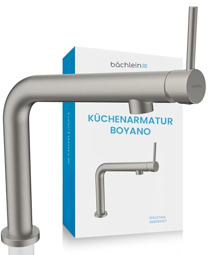 Bächlein Küchenarmatur Boyano (Edelstahl gebürstet) – Schwenkbare Einhand-Spültischbatterie aus hochwertigem Messing – Wasserhahn für die Küche mit nach vorne gerichtetem Hebel
