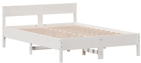 vidaXL Massivholzbett, Holzbett Bett mit Kopfteil, Bettgestell mit Lattenrost, Doppelbett Bettrahmen Schlafzimmerbett, Weiß 140x200cm Massivholz Kiefer