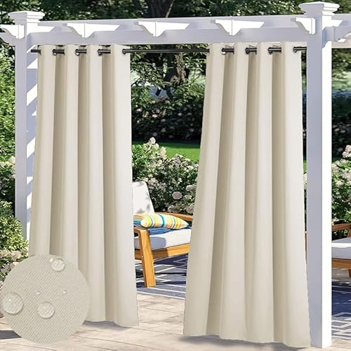 FicaRico Wasserdicht Outdoor Vorhänge für Pavillon, Hitzeschutz Blickdicht Gardinen für Schlafzimmer, Sonnenschutz Datenschutz Outdoor Vorhang mit Ösen, 1 Stück, Biscotti Beige, B264xH183cm