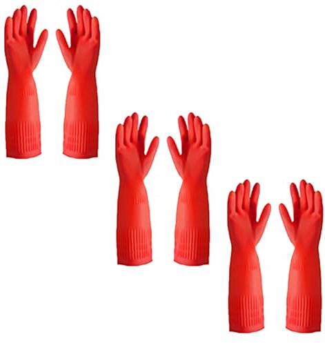 3 Pairs Dishwashing Gloves Ideal for Cleaning Floors, Bathrooms Rubber Gloves Take Care of Your Hands Kitchen Gloves Home Goodies(M,Red)